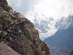 03 Climbing Zig Zag Steps Cut Out Of A Rock Blocking The Trail From Askole To Korophon With Choricho On the first day of the 135km trek to K2 Base Camp the easy trail ran out and we had to climb steep steps cut into a rock to continue the trek from Askole towards Korophon, with views ahead to the glacier below Choricho (6756m).